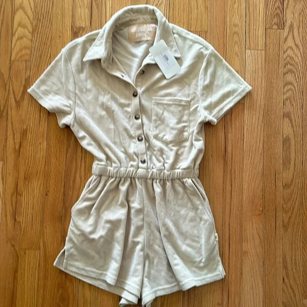 Sunwashed Cream Terry Romper with Elastic Waist